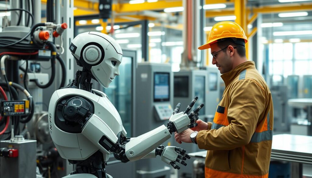 Generate an image of a humanoid robot working alongside humans in a futuristic factory setting.