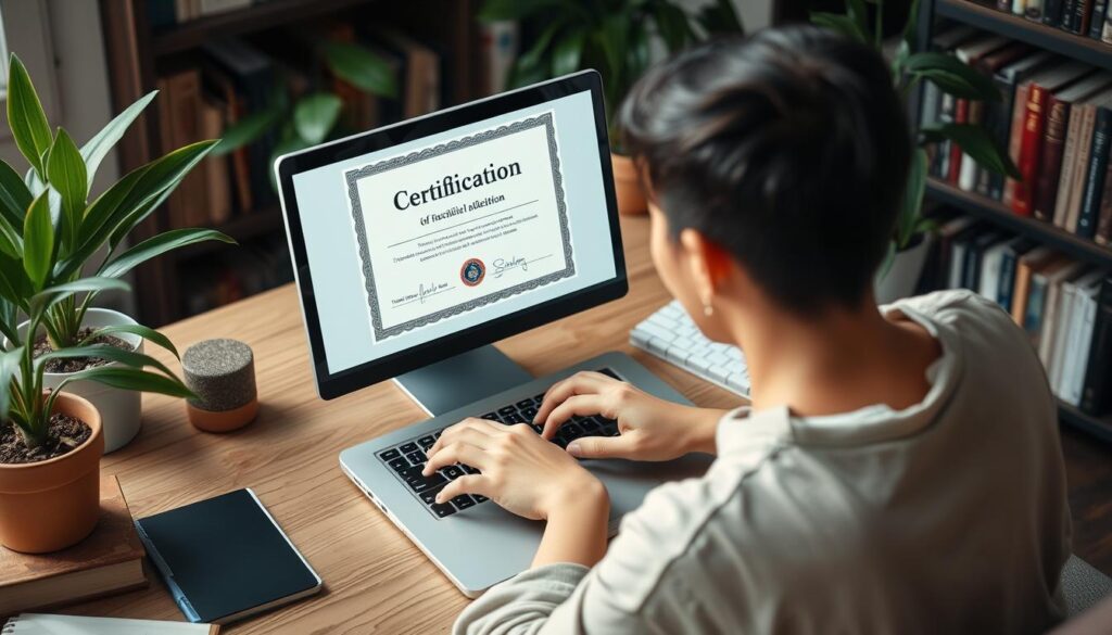 Generate an image of a person learning online with a laptop and a certificate of completion on the screen.