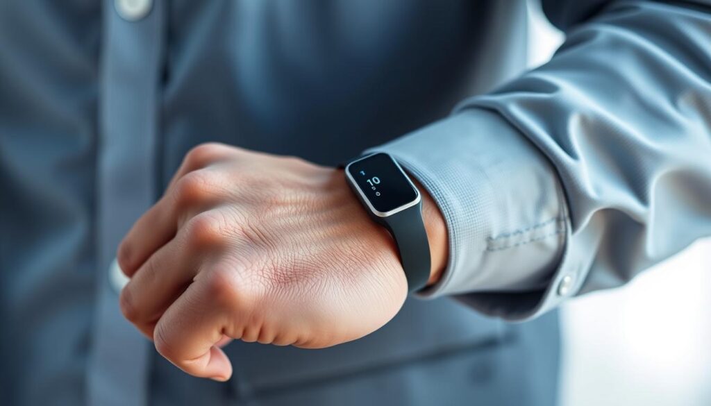 Generate an image of a person wearing a sleek, futuristic health monitoring wristband that tracks various health metrics.