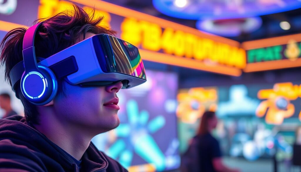 Generate an image of a person wearing augmented reality glasses, fully immersed in a virtual gaming environment.