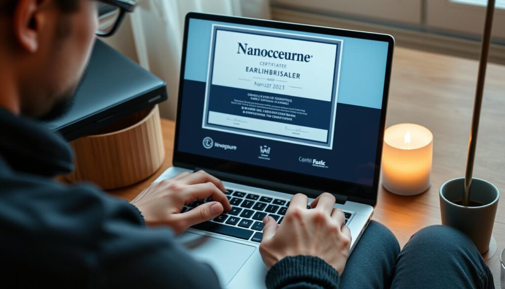 Generate an image of a person working on a laptop with a nanodegree certificate on the screen.