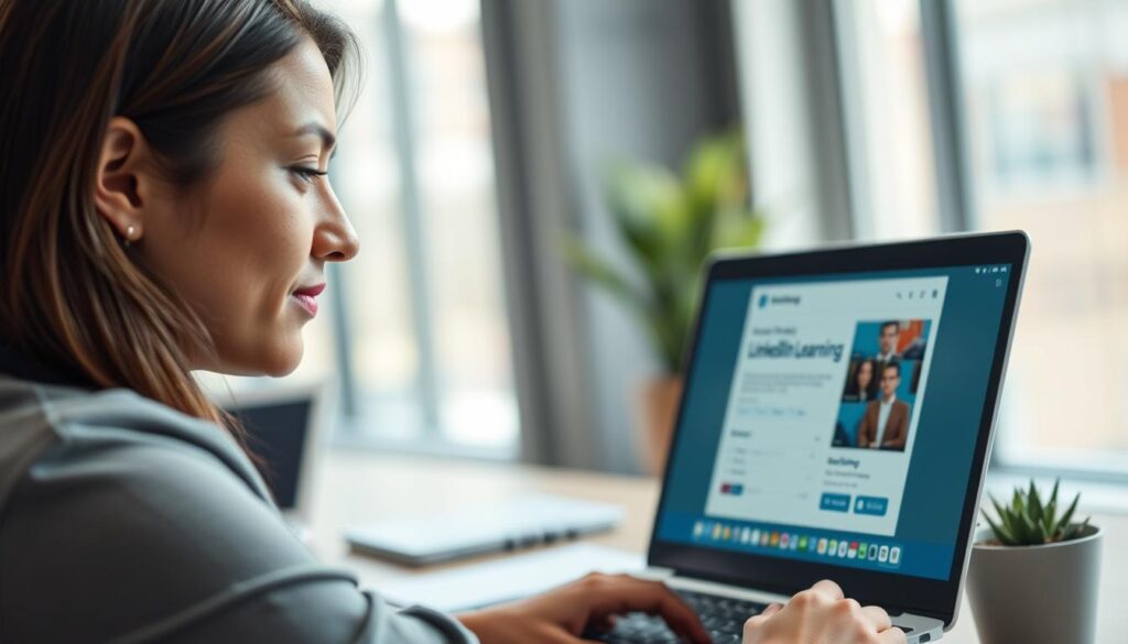Generate an image of a professional taking an online course on linkedin learning