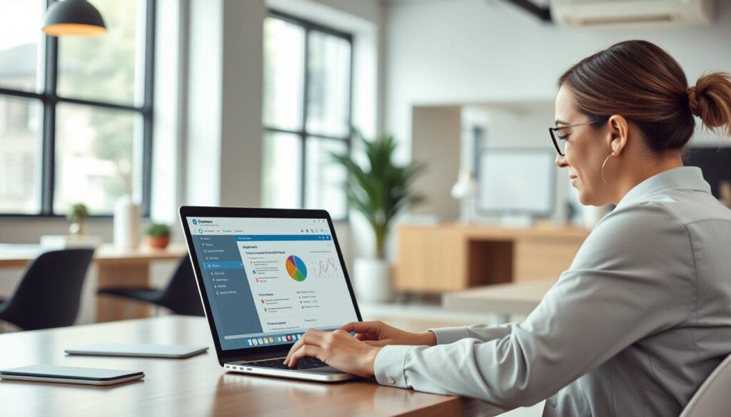 Generate an image of a professional using a project management tool on a laptop