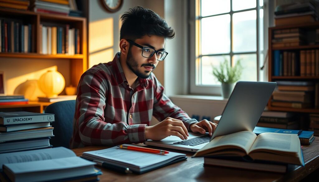 Generate an image of a student preparing for competitive exams with unacademy's resources on a laptop.