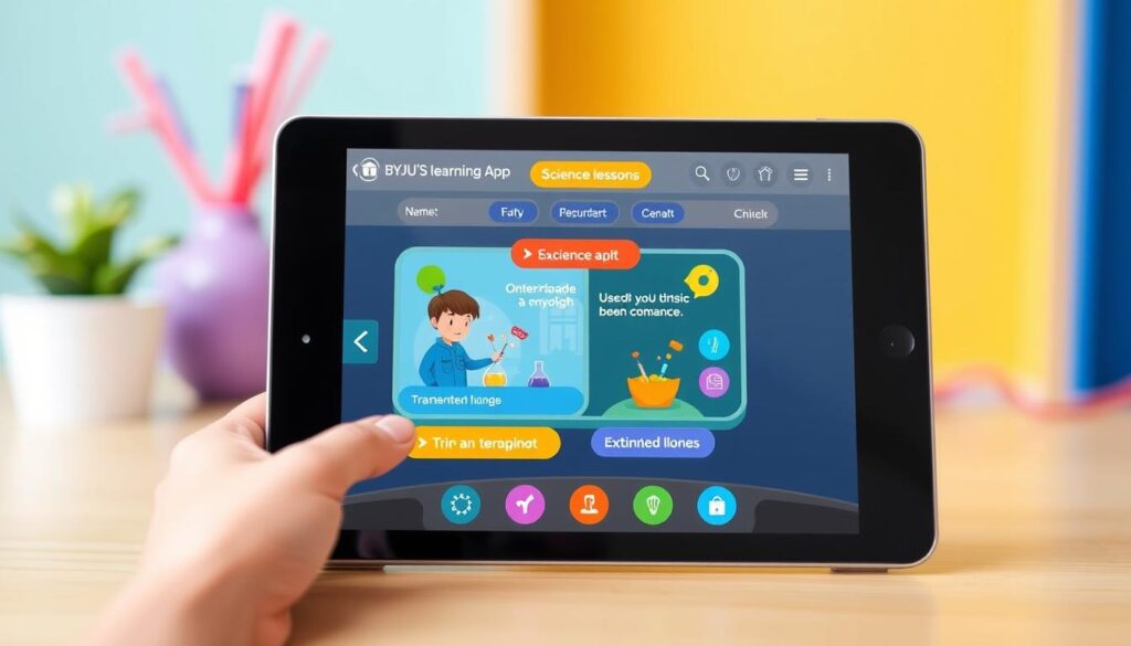 Generate an image of the byju's learning app interface on a tablet, showing an engaging science lesson for a 10-year-old student.