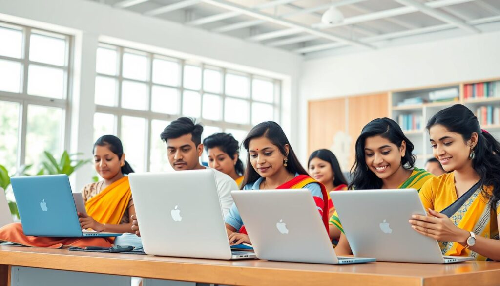 Generate an image representing coursera's online learning platform, featuring a diverse group of students from india engaging with their laptops.