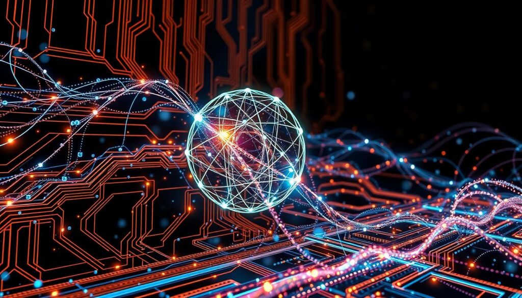 Generate an image representing the concept of quantum computing and its practical applications.