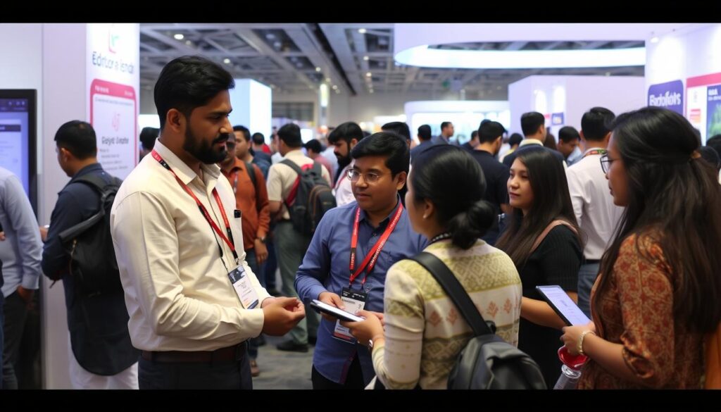 Image generation prompt: indian edtech startup representatives at a global education conference
