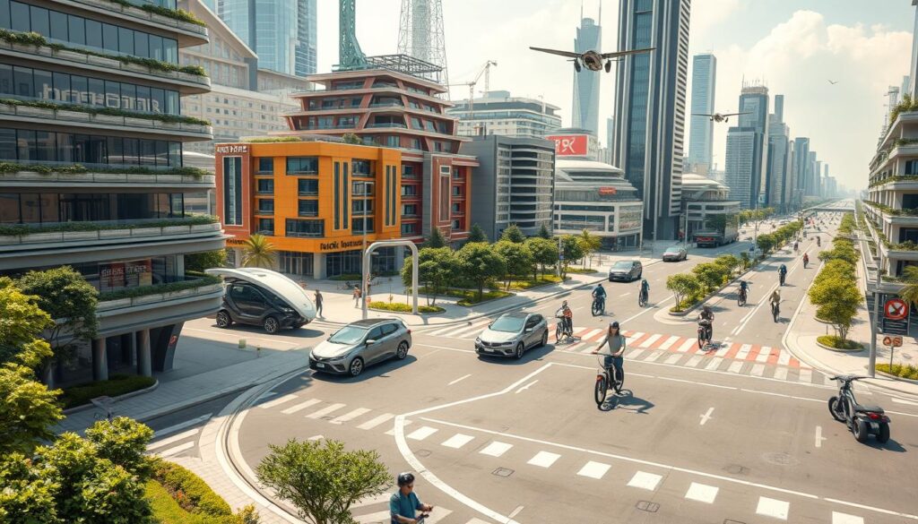 Image of a futuristic city with various advanced personal transportation devices
