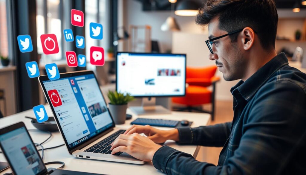 Image of a person managing social media accounts on a laptop.