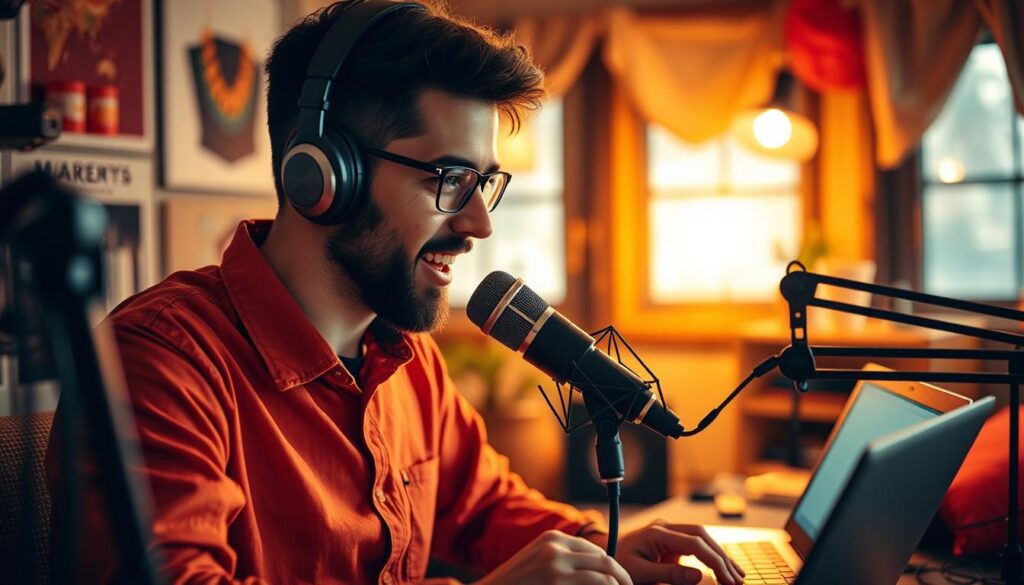 Image of a person recording a podcast with a microphone