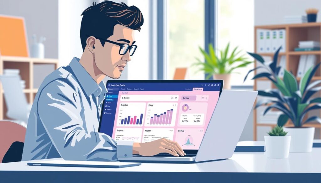 Image of a person working on a laptop with a saas platform dashboard open.