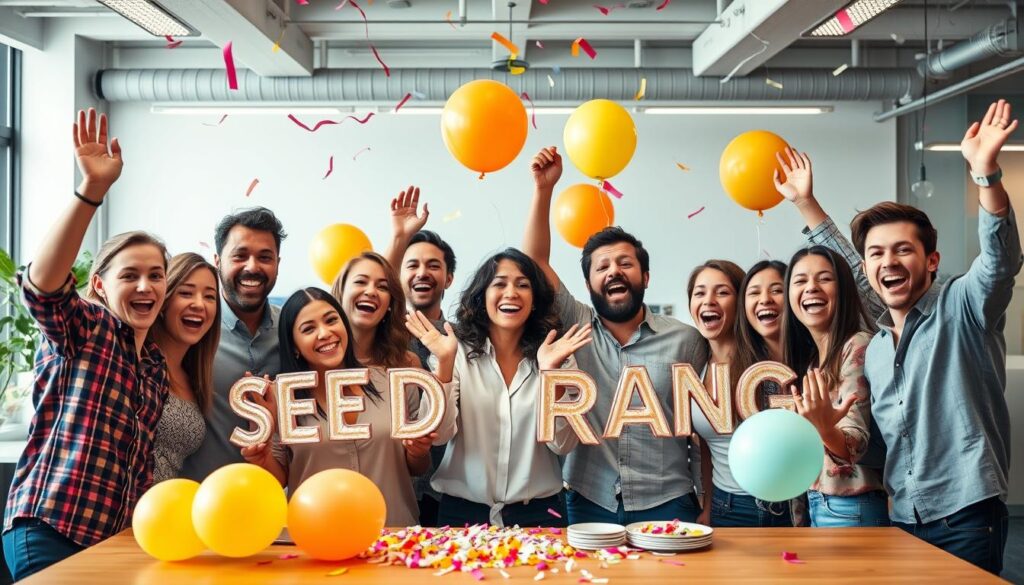 Image of a startup team celebrating their seed funding round