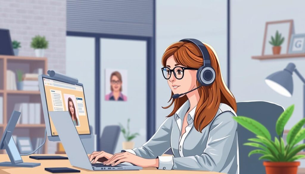 Image of a virtual assistant working remotely with a headset.