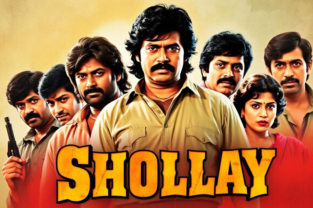 Movie poster of sholay, one of the most iconic bollywood movies Movie poster of sholay, one of the most iconic bollywood movies