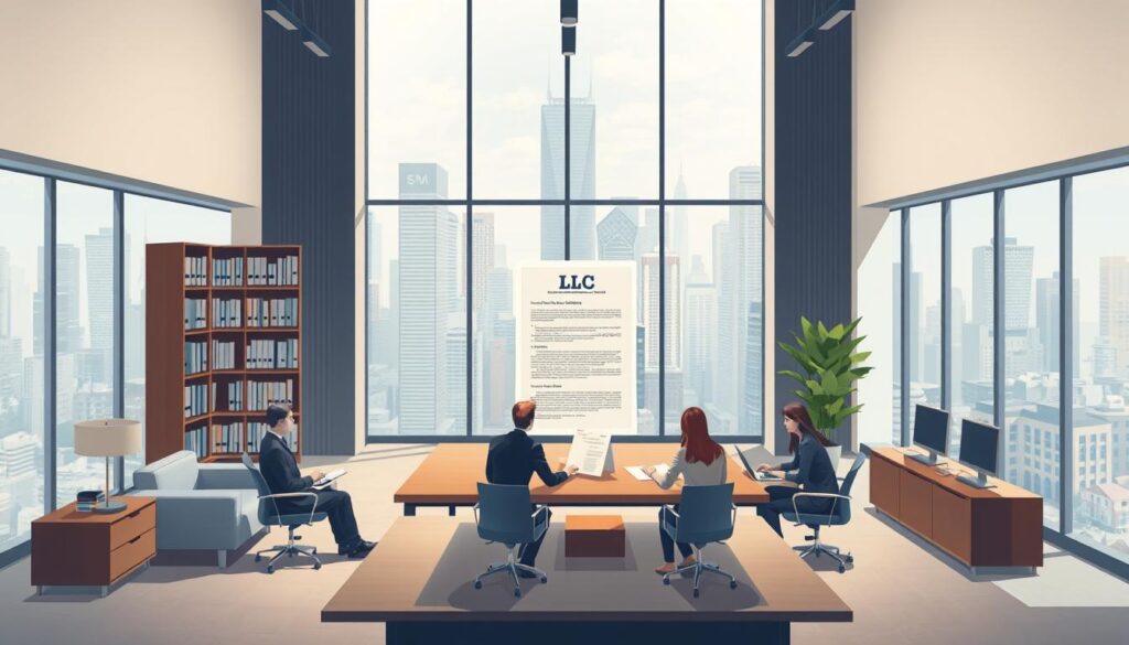 A detailed illustration of a limited liability company, depicted as a modern, professional office space with a focus on the legal and financial aspects of the business structure. The scene features a well-lit, minimalist interior with sleek furniture, a large desk, and a bookshelf filled with legal documents. In the foreground, there are several people sitting around the desk, engaged in a discussion, representing the collaborative nature of the llc. The middle ground showcases a central document or contract, highlighting the legal framework that defines the limited liability company. The background provides a sense of professionalism, with large windows offering a view of a bustling city skyline, suggesting the company's position within the broader business landscape.